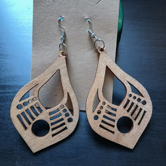 Laser cut wood dangle earrings 3.5" L x 3" W fish hook lightweight teardrop boho - Picture 3 of 8